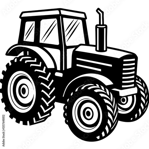 Tractor Icon: A bold black and white icon of a heavy-duty tractor, with prominent tires, a sturdy cabin, and a powerful presence, signifying strength and agricultural industry