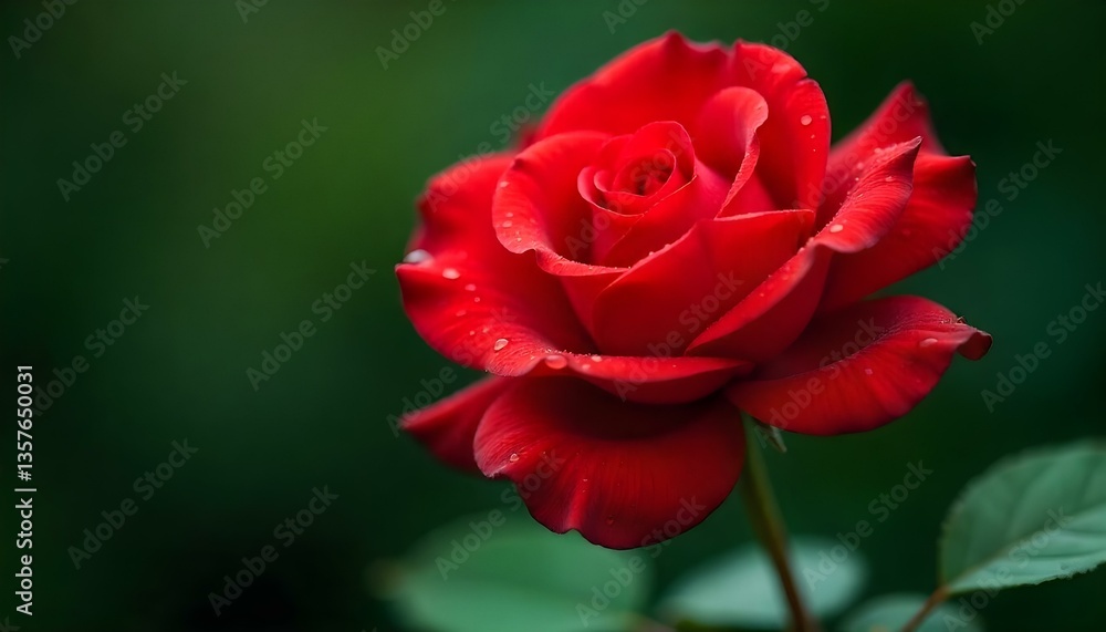 A close-up of a vibrant red rose with water droplets on the petals against a blurred green background A close-up of a vibrant red rose with water droplets on the petals against a blurred green background