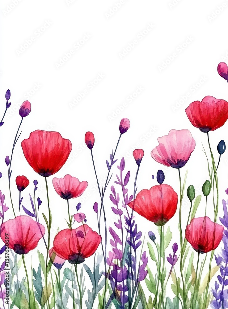 Obraz premium Watercolor Painting of Red Poppies and Lavender Flowers