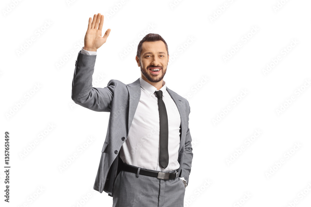Professional man in a suit smiling and waving Professional man in a suit smiling and waving