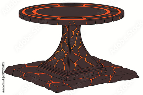 16 Volcanic rock table, circular lava top, glowing magma rim, obsidian base, futuristic furniture design, surreal home decor, molten rock aesthetic, ultra-detailed texture, dramatic lighting, photorea