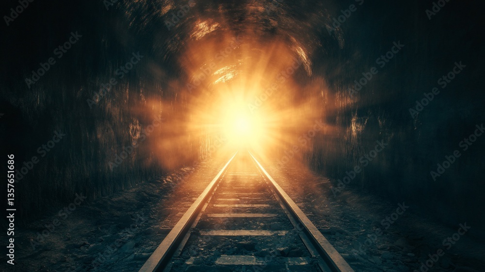 Naklejka premium Dark tunnel with train tracks leading to bright light