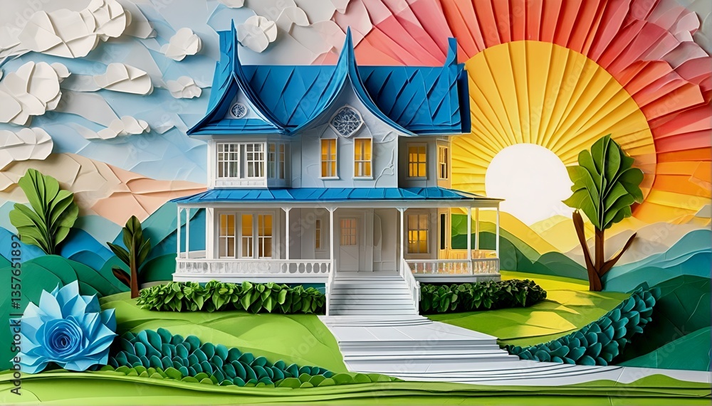 Fototapeta premium A colorful paper cutout of two houses on hills with sunburst and flower details.