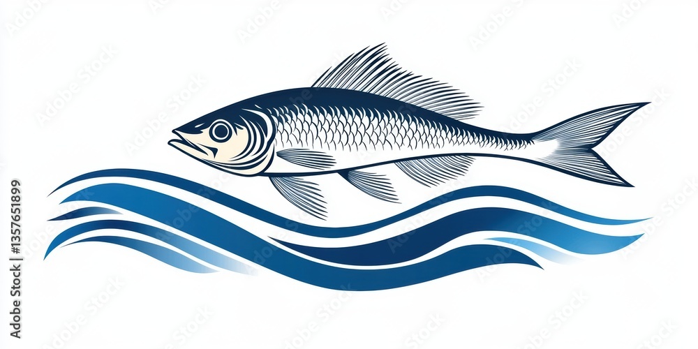 Naklejka premium Fish swimming in a stylized blue wave, showcasing intricate details and vibrant color