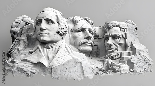 Presidents' faces, stone carving, grayscale background