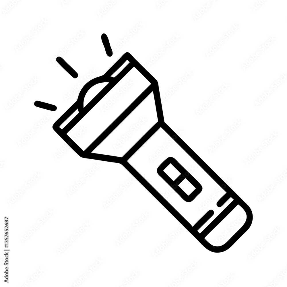 Outline of a flashlight illuminating in black and white style Outline of a flashlight illuminating in black and white style