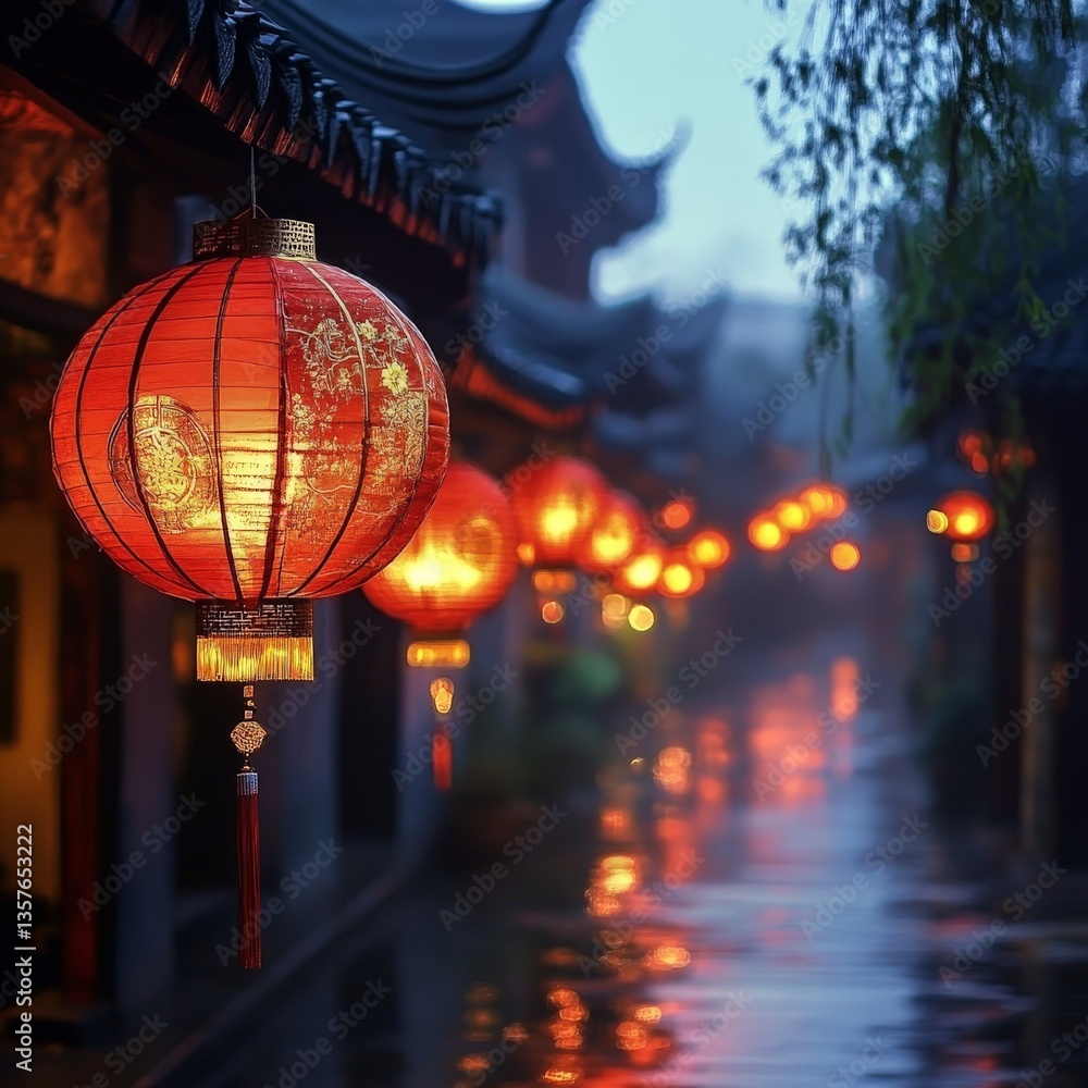 Glowing Chinese Lanterns in Misty Night Street Glowing Chinese Lanterns in Misty Night Street