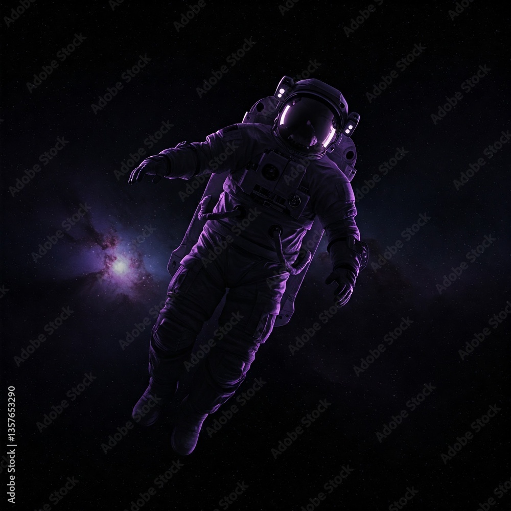 Artificial Intelligence Image: Purple and black astronaut floats in space, mystery, vastness, solitude, admiration. Artificial Intelligence Image: Purple and black astronaut floats in space, mystery, vastness, solitude, admiration.