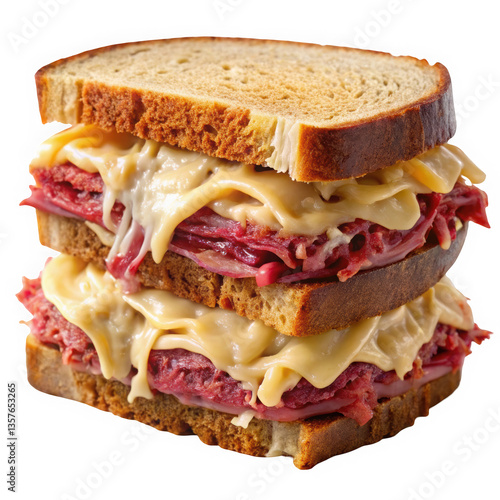 A delicious layered sandwich featuring generous portions of corned beef and melted cheese, stacked between toasted rye bread, creating an irresistible meal.