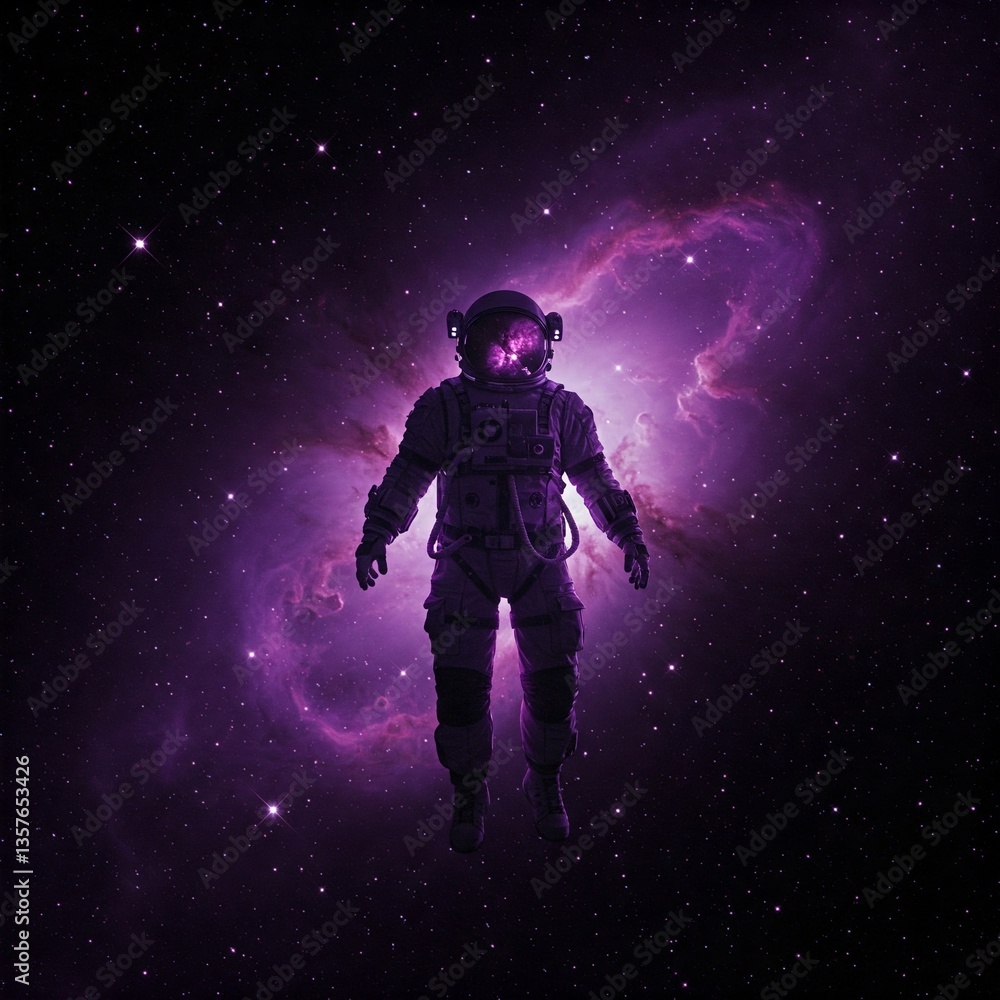 Artificial Intelligence Image: Purple and black astronaut floats in space, mystery, vastness, solitude, admiration. Artificial Intelligence Image: Purple and black astronaut floats in space, mystery, vastness, solitude, admiration.