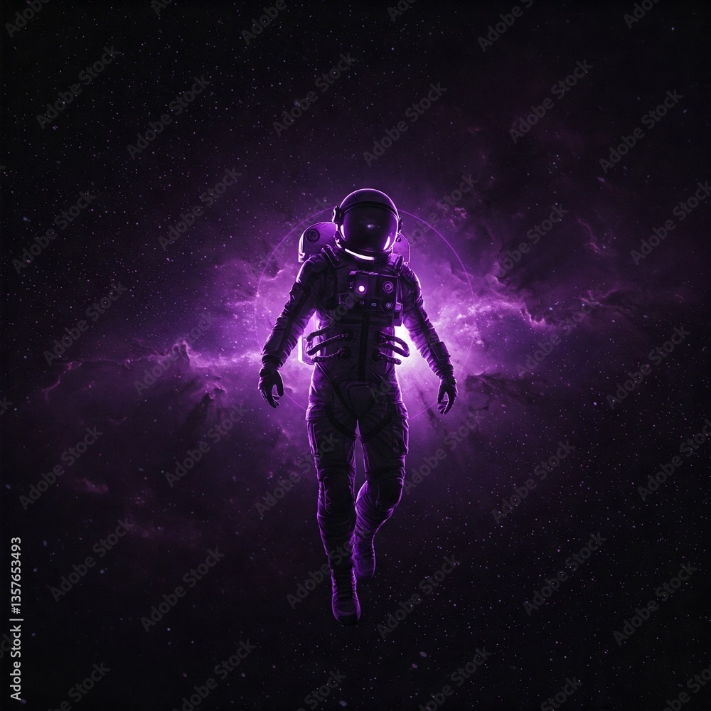 Artificial Intelligence Image: Purple and black astronaut floats in space, mystery, vastness, solitude, admiration. Artificial Intelligence Image: Purple and black astronaut floats in space, mystery, vastness, solitude, admiration.
