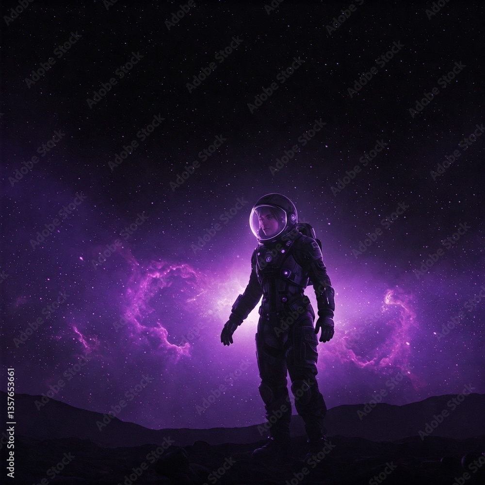 Naklejka premium Artificial Intelligence Image: Purple and black astronaut floats in space, mystery, vastness, solitude, admiration.