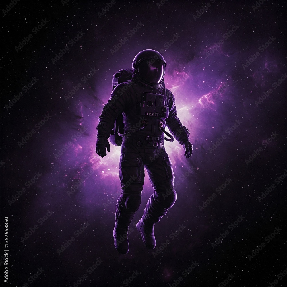 Fototapeta premium Artificial Intelligence Image: Purple and black astronaut floats in space, mystery, vastness, solitude, admiration.