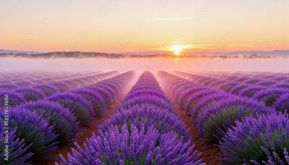 Obraz premium Misty lavender field at dawn, serene natural beauty