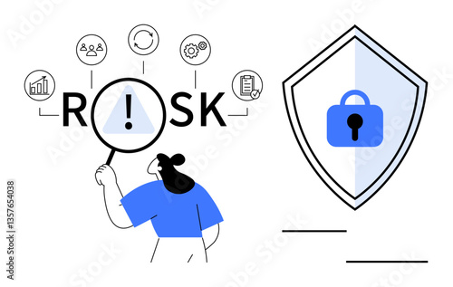 Business woman analyzing risk factors illustrated by icons for processes, data, and security. Ideal for risk management, cybersecurity, business strategy, data protection, analysis, decision making