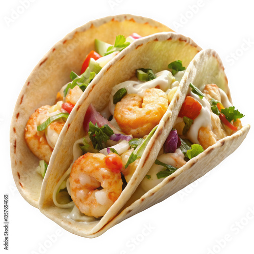 Delicious shrimp tacos filled with fresh vegetables and creamy sauce, perfect for a flavorful meal.