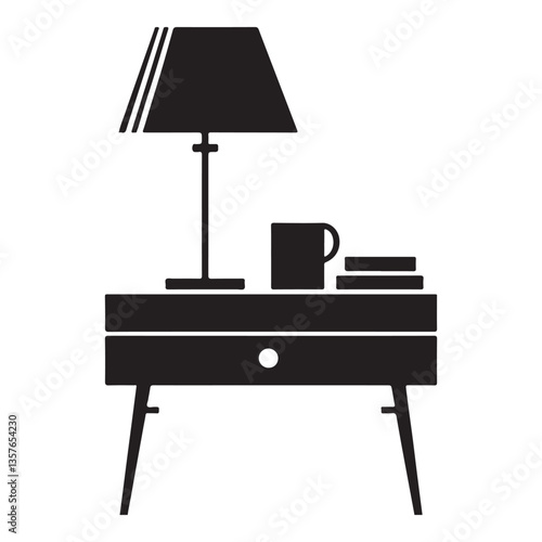 Nightstand Silhouette with Lamp, Mug and Books Vector Art Illustration