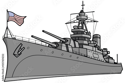 17 Naval battleship, grey steel hull, massive artillery guns, command tower, radar equipment, American flag, wartime vessel, military ship, maritime warfare, naval history, detailed metalwork, weather