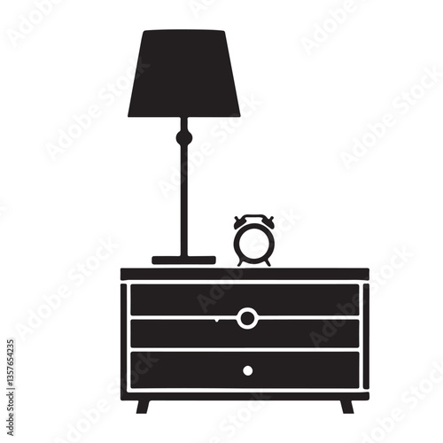 Bedside Table Silhouette with Lamp and Clock Vector Illustration