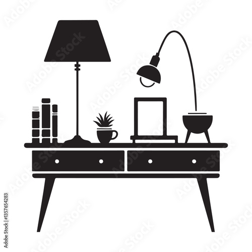 Desk Silhouette with Lamps, Books, Plant and Laptop Vector Design