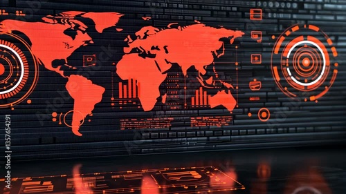 Global Network Interface: Futuristic Digital World Map Displayed on a Dark Brick Wall