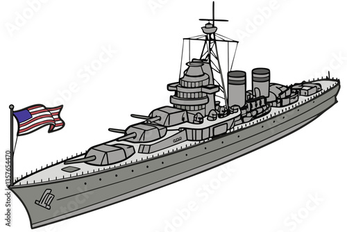 17 Naval battleship, grey steel hull, massive artillery guns, command tower, radar equipment, American flag, wartime vessel, military ship, maritime warfare, naval history, detailed metalwork, weather