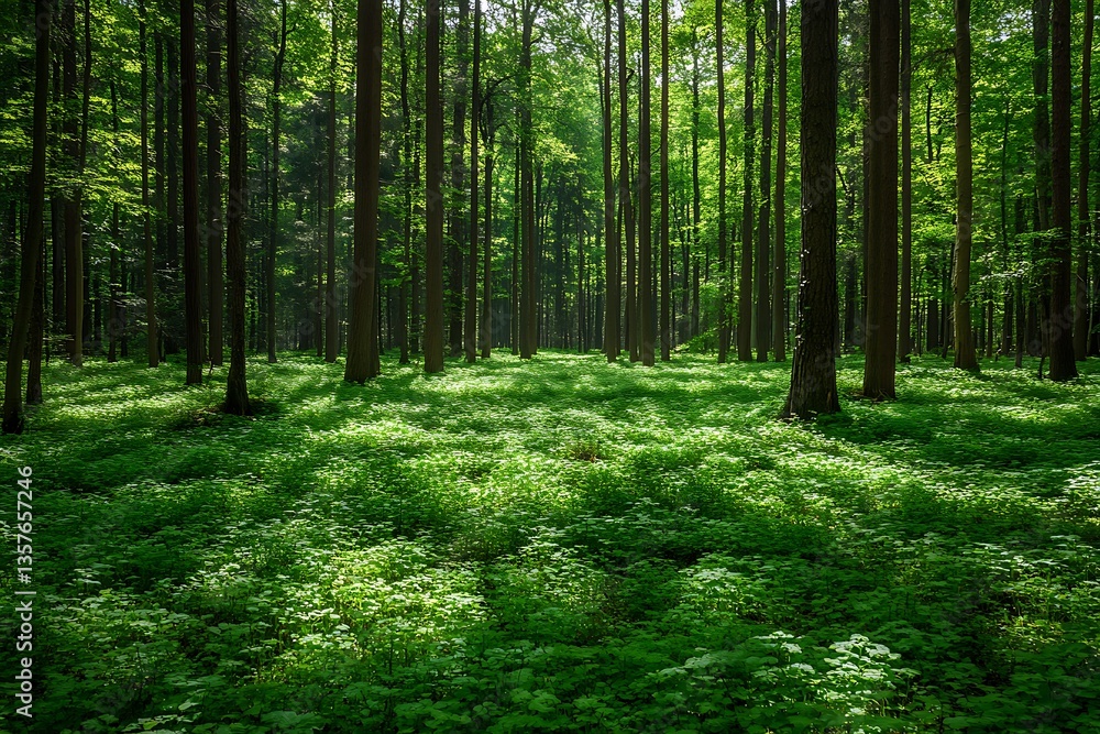 Sunlit forest floor, trees, nature, peaceful