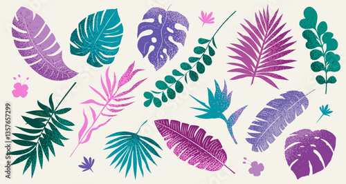 Abstract tropical leaf set. Botanical collection for decoration, bright, purple, green, pink, lilac color, with grain gradient texture.