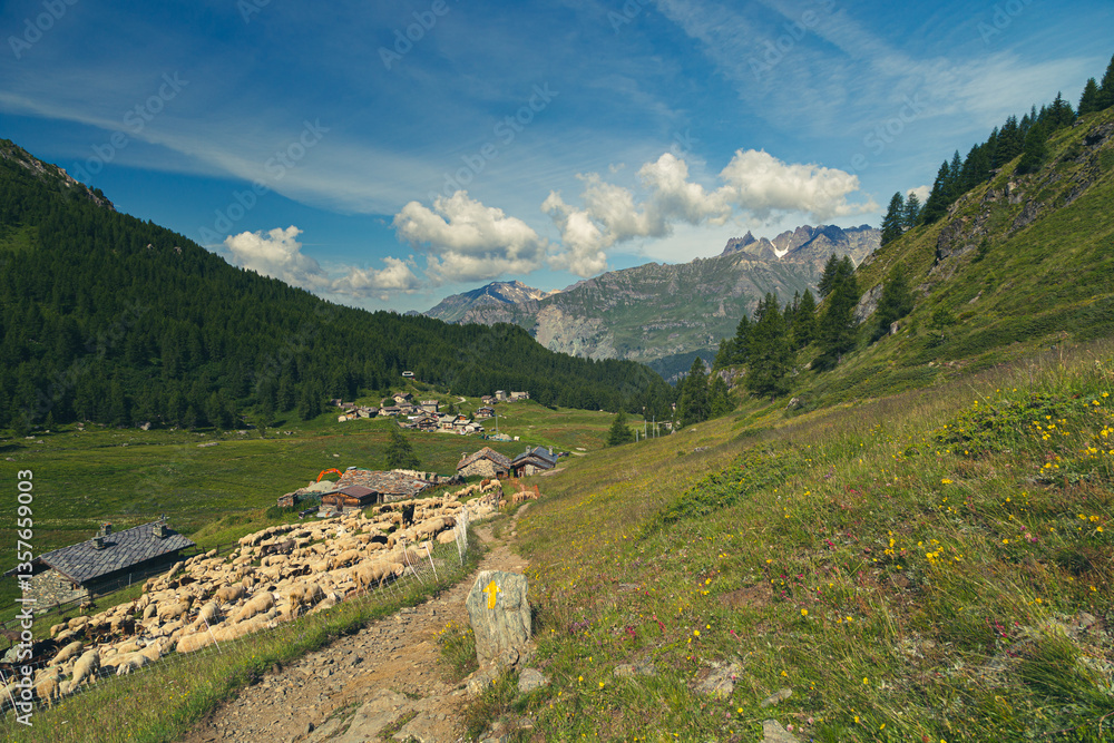 Summer trekking day in the mountains over Valtournanche