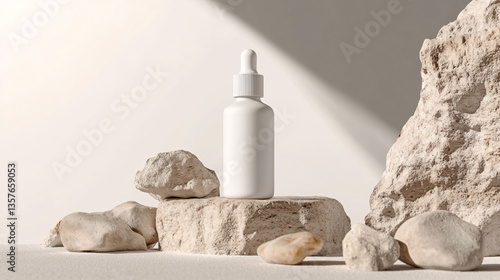 a blank cosmetic bottle mockup, on natural background, with stones around, minimalistic