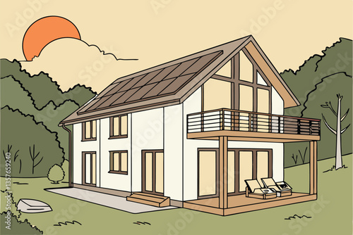 19 Modern eco-friendly house, large solar panel roof, white walls, wooden accents, expansive windows, green lawn, sunset glow, energy efficient, sustainable living, contemporary architecture, balcony,