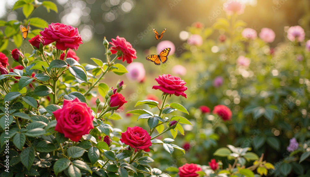 Blooming red roses with butterflies in a garden, natural beauty Blooming red roses with butterflies in a garden, natural beauty