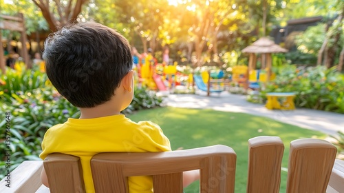 Boy sitting, looking at playground.