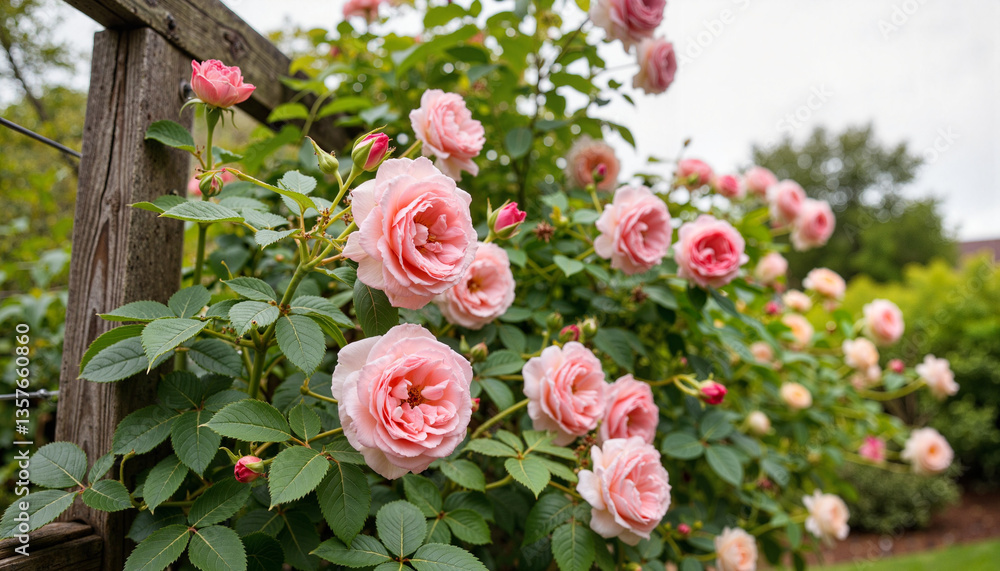 Vibrant climbing rose bush on trellis in backyard garden, floral beauty Vibrant climbing rose bush on trellis in backyard garden, floral beauty