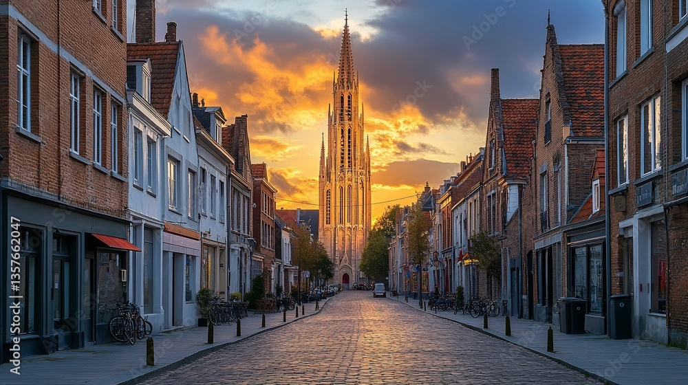 Fototapeta premium European Town Street at Golden Hour
