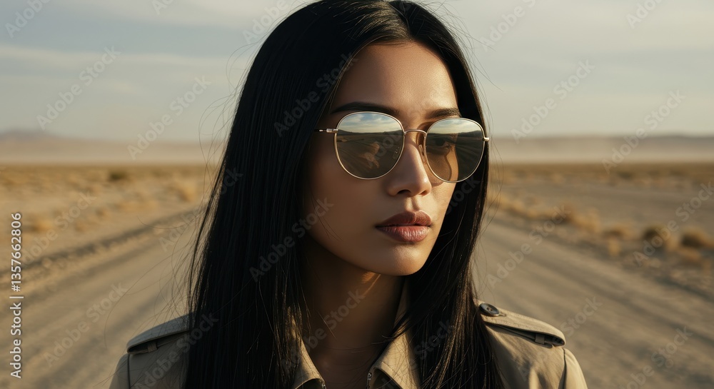 Mysterious Desert Beauty: Woman in Aviator Sunglasses on a Dusty Road Mysterious Desert Beauty: Woman in Aviator Sunglasses on a Dusty Road