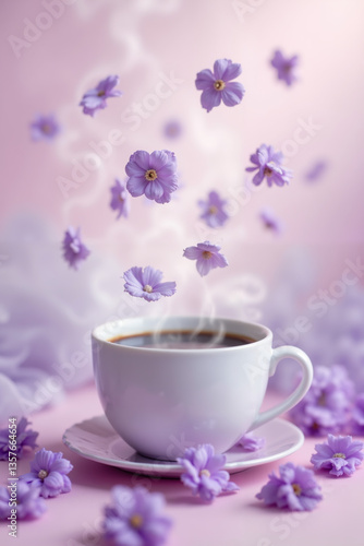 Steaming cup of coffee with flying lavender flowers in dreamy pink background. Coffee and lavender blend into whimsical soft scene full of calm and aromatic charm

