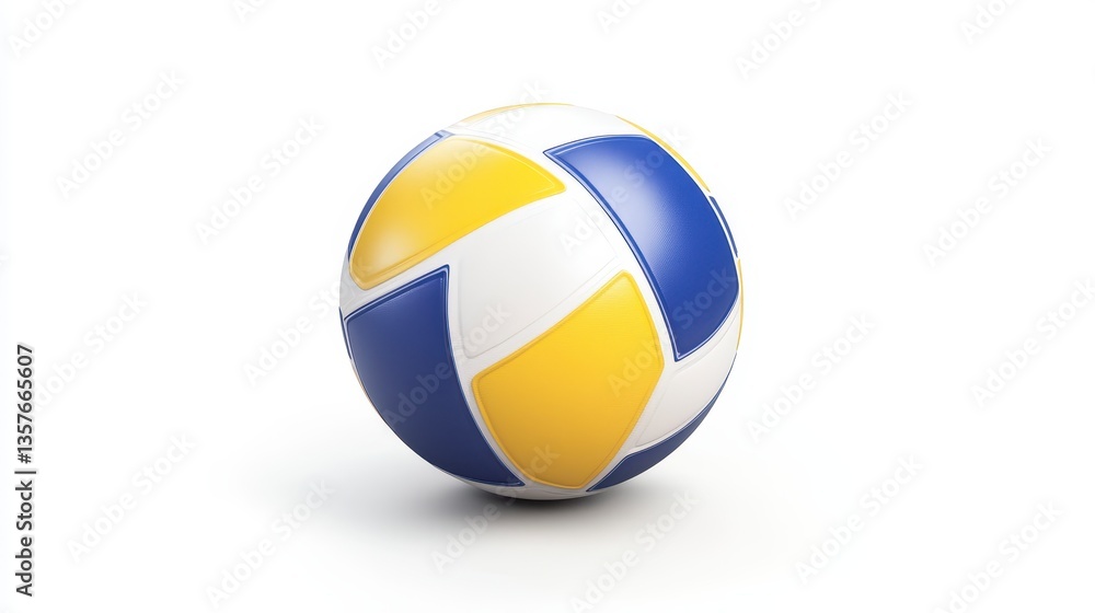 Fototapeta premium Blue, yellow, and white volleyball on white background. Clean, simple studio shot. 3D rendered style