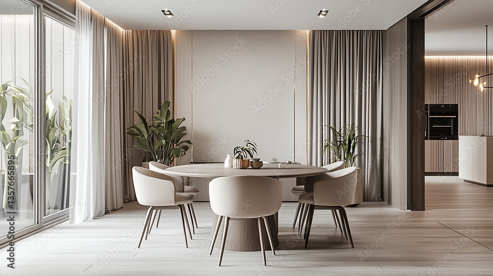 Fototapeta premium Sophisticated dining room with botanical accents and flowing natural light design