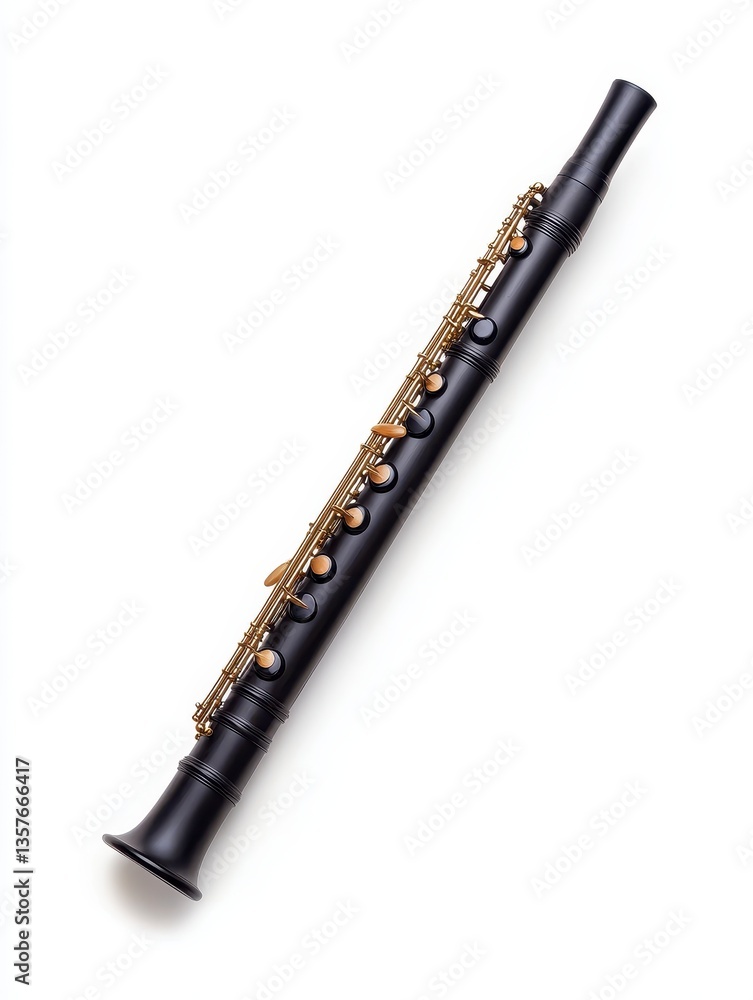 Fototapeta premium Black clarinet with gold keys on white background. Studio shot of a musical instrument