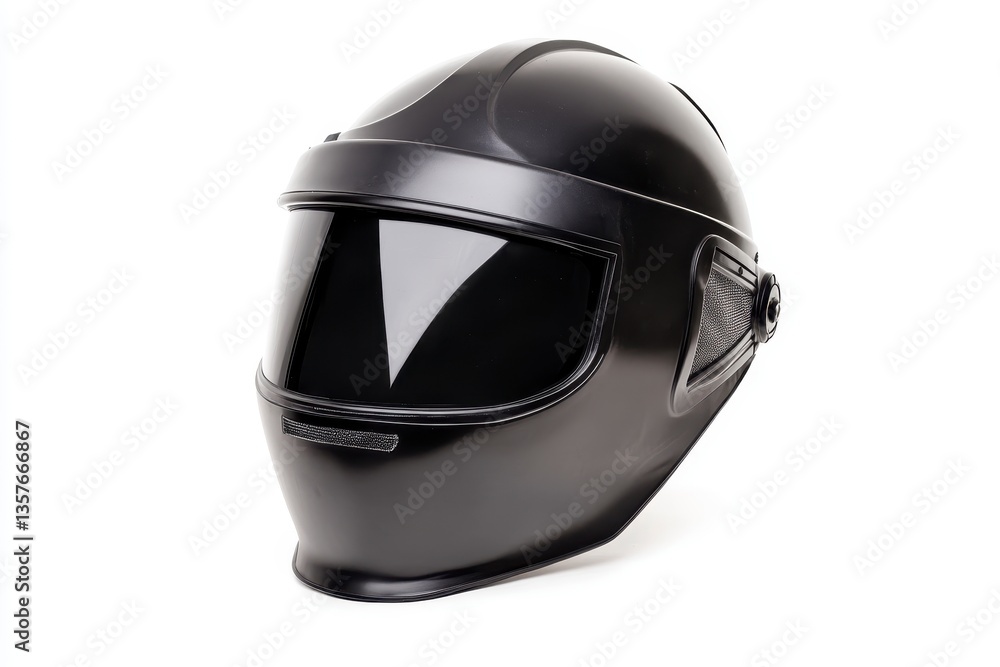 Black matte helmet with tinted visor, isolated on white background. Protective gear, safety equipment Black matte helmet with tinted visor, isolated on white background. Protective gear, safety equipment