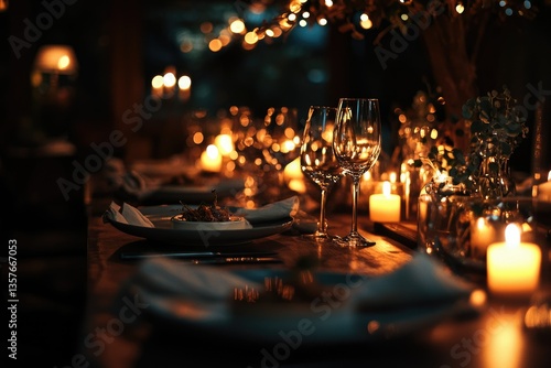 Elegant dining table setting with wine glasses, candles, and warm, inviting lighting creating a cozy ambiance.