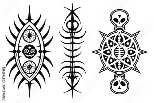 20 Dark tribal tattoo designs, gothic symmetrical patterns, intricate black and white illustrations, biomechanical skeletal motifs, sharp spiky shapes, ornate vertical emblems, mystical symbolic icons