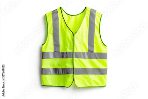 Bright yellow safety vest with reflective gray stripes, isolated on white background. Studio shot