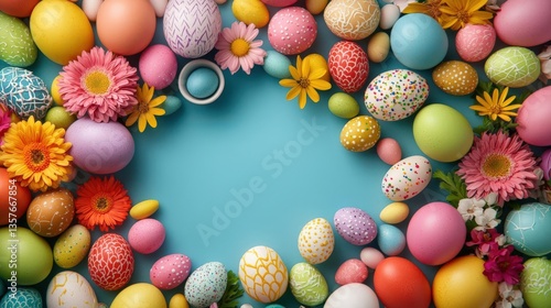 Wallpaper Mural Colorful Easter eggs and flowers arranged on a blue background. Torontodigital.ca