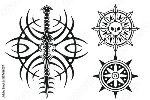 20 Dark tribal tattoo designs, gothic symmetrical patterns, intricate black and white illustrations, biomechanical skeletal motifs, sharp spiky shapes, ornate vertical emblems, mystical symbolic icons