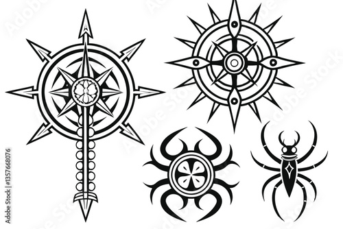 20 Dark tribal tattoo designs, gothic symmetrical patterns, intricate black and white illustrations, biomechanical skeletal motifs, sharp spiky shapes, ornate vertical emblems, mystical symbolic icons