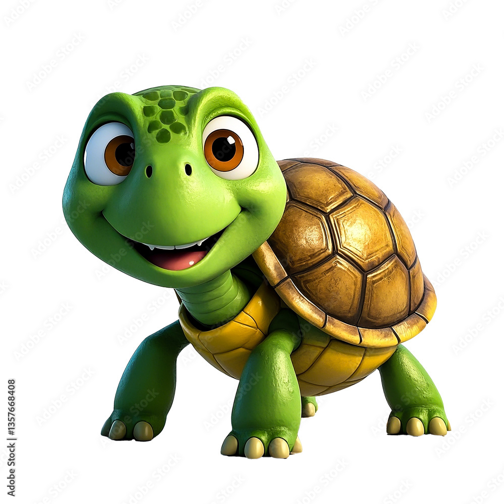 Fototapeta premium A cute green vector cartoon depicts a happy smiling tortoise with a cheerful turtle, both isolated reptiles with fun shells