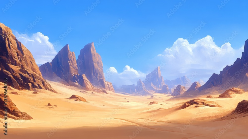 Naklejka premium A large expansive desert landscape with towering rock formations and clear skies