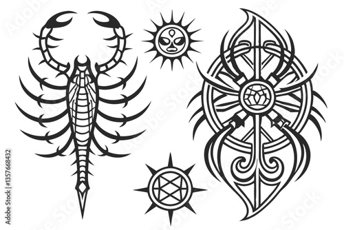 20 Dark tribal tattoo designs, gothic symmetrical patterns, intricate black and white illustrations, biomechanical skeletal motifs, sharp spiky shapes, ornate vertical emblems, mystical symbolic icons